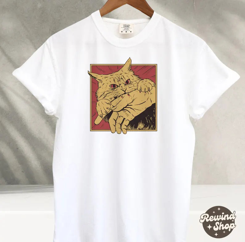 Vintage Cat Bite Shirt, Japanese Horror Anime TShirt, Retro Graphic Tee, Horror Cat Shirt, Cats Crazy Shirts Cool Graphic Unisex T Shirts