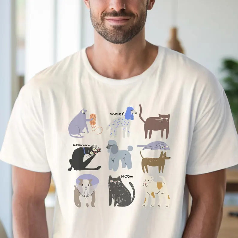 funny illustrated cat and dog graphic t shirt cute doodle animal design comfortable pet lover tee top