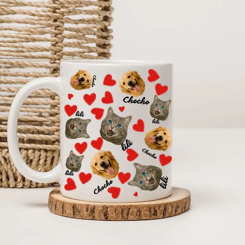 Personalized Pet Photo Mug with Names, Custom Dog Cat Face Cup, Cute Heart Pattern Gift for Pet Lovers, Custom Pet Portrait Coffee Mug