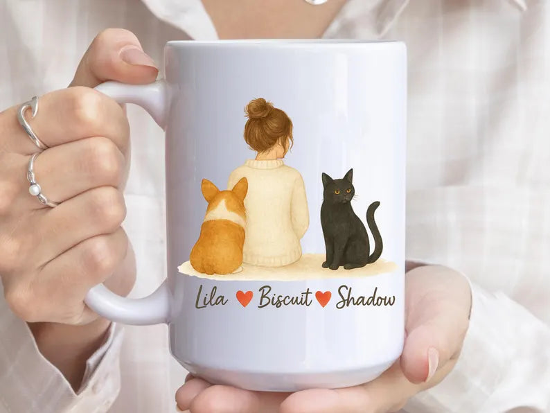 Custom Dog And Cat Mug Personalized Pet Names Gift For Her Pet Lover Coffee Cup Cute Woman With Pets Illustration