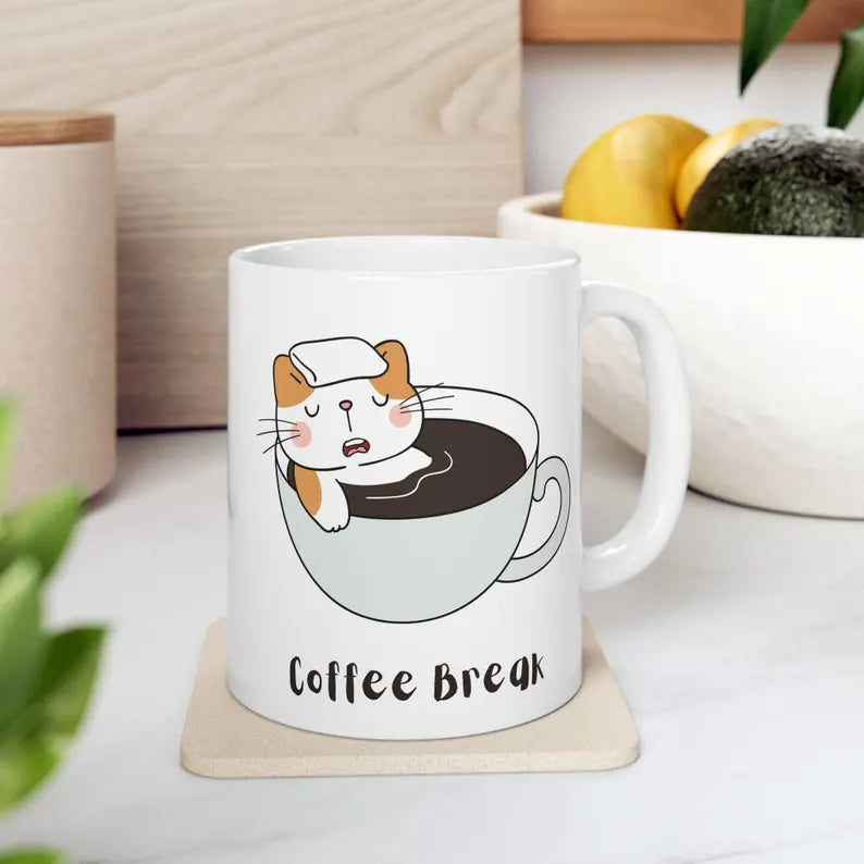 Coffee Break Cat Mug, Funny Cat Coffee Mug, Cat Lover Gift, Cute Animal Ceramic Mug, Relaxing Morning Mug, Animal Lover, Cat Enthusiasts