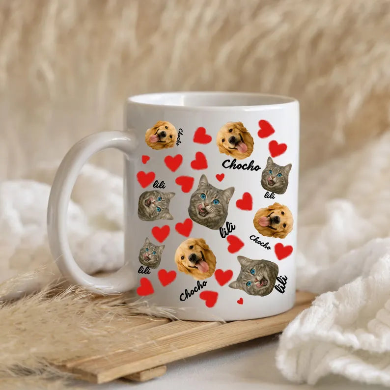 Personalized Pet Photo Mug with Names, Custom Dog Cat Face Cup, Cute Heart Pattern Gift for Pet Lovers, Custom Pet Portrait Coffee Mug