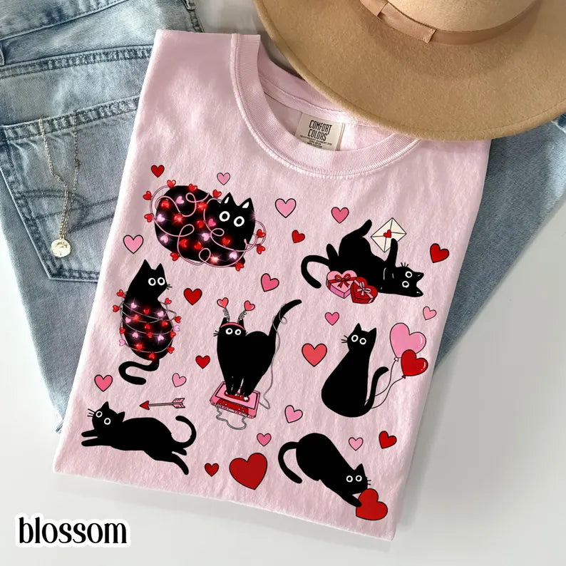 Cat Valentines Day Comfort Colors Shirt Black Cat Heart T-Shirt Cute Kitty Vday Tee Cat Lover Tee Animal Love Tshirt For Mom or Girlfriend