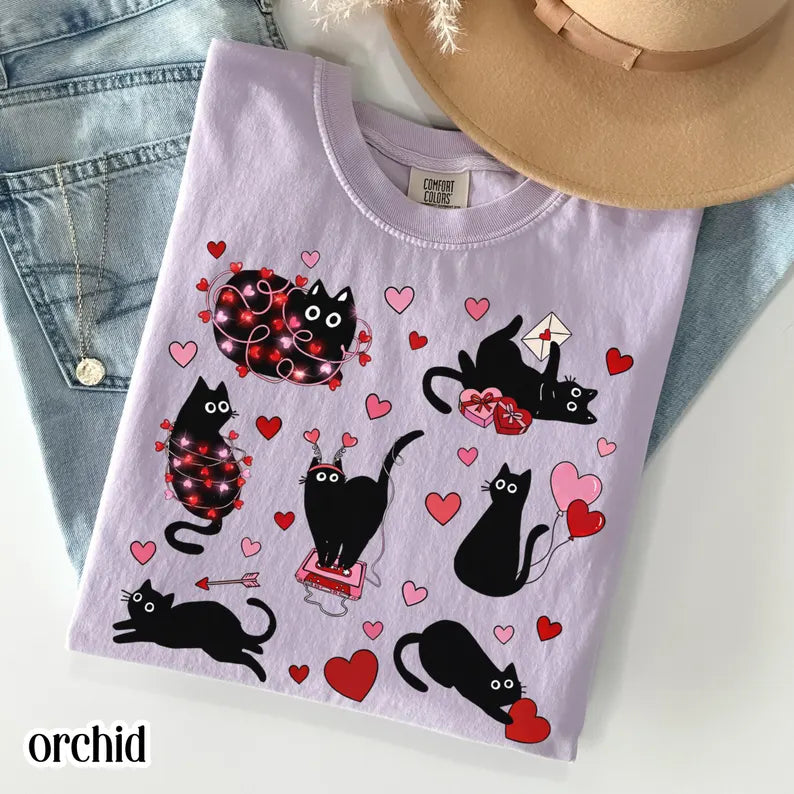 Cat Valentines Day Comfort Colors Shirt Black Cat Heart T-Shirt Cute Kitty Vday Tee Cat Lover Tee Animal Love Tshirt For Mom or Girlfriend