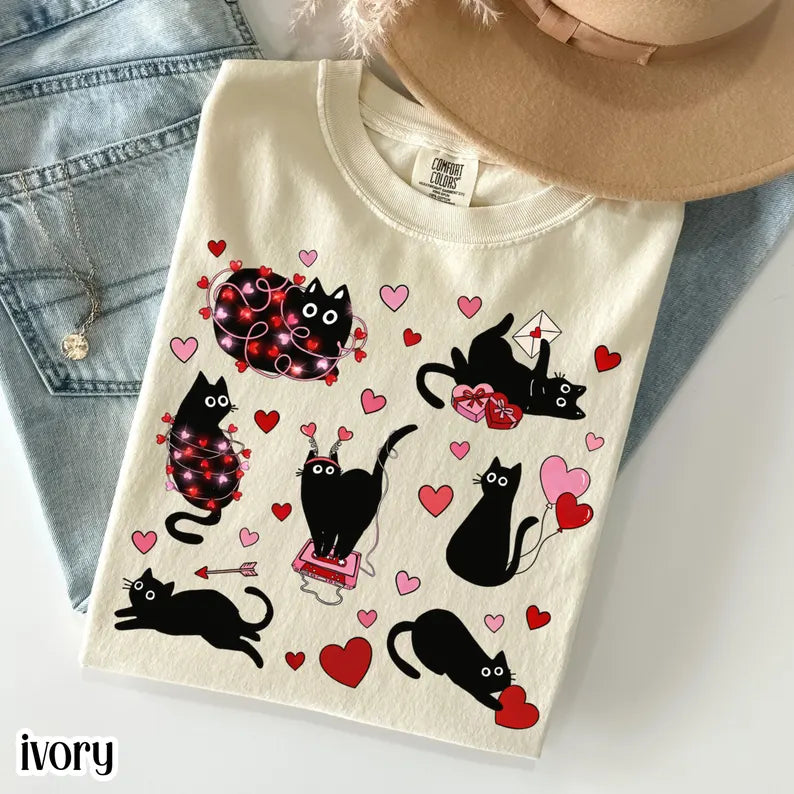 Cat Valentines Day Comfort Colors Shirt Black Cat Heart T-Shirt Cute Kitty Vday Tee Cat Lover Tee Animal Love Tshirt For Mom or Girlfriend