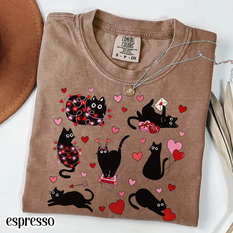 Cat Valentines Day Comfort Colors Shirt Black Cat Heart T-Shirt Cute Kitty Vday Tee Cat Lover Tee Animal Love Tshirt For Mom or Girlfriend