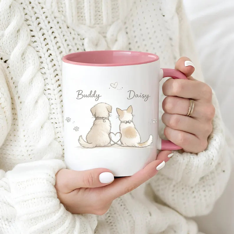 Personalized Dog And Cat Couple Mug Gift Custom Pet Names Coffee Cup Cute Puppy Kitty Love Present For Pet Parents